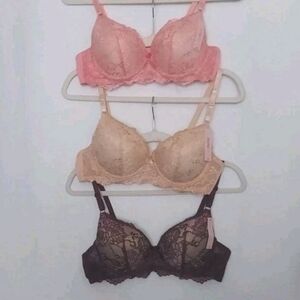Mamia Bundle 3 Lace 38B Bras Pink Tan Burgandy Lightweight Underwire 2 Row Hooks